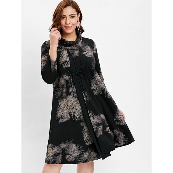 Plus Size Cowl Neck Printed Black Midi Dress - Picture 2 of 8